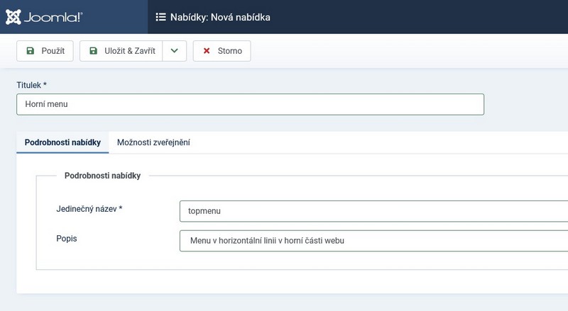 Nová nabídka menu Joomla