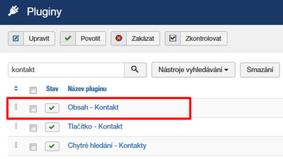 Aktivace pluginu Obsah - Kontakt