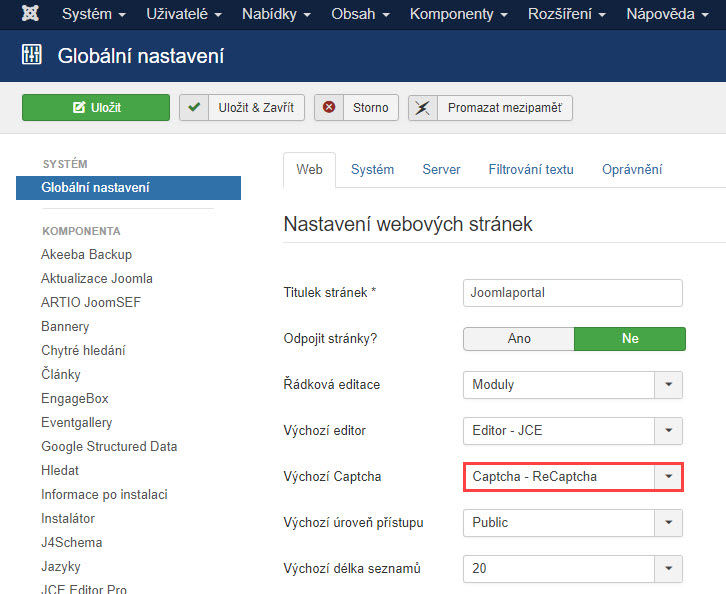 joomla globalni nastaveni captcha