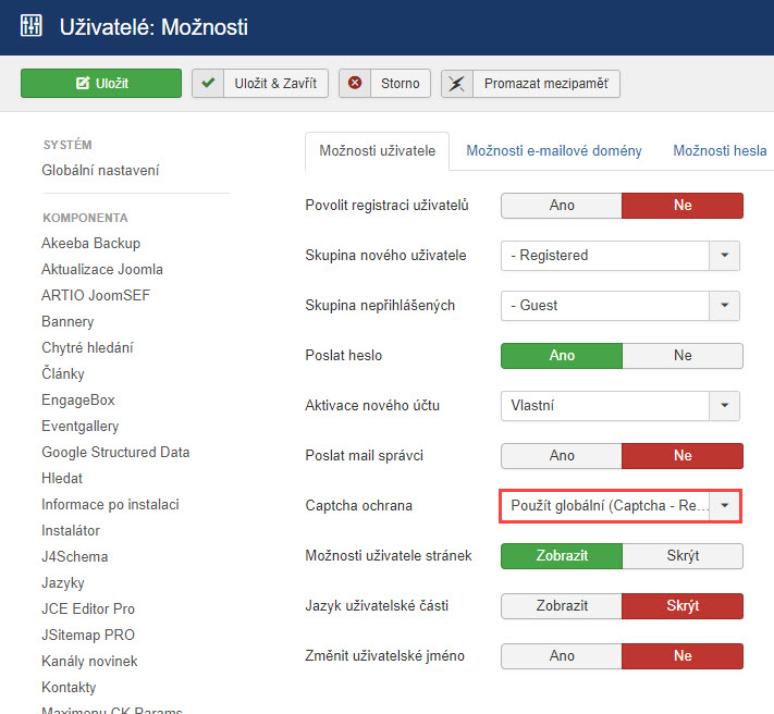 joomla registrace uzivatelu nastaveni captcha